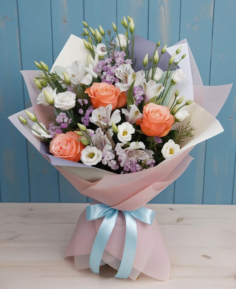 Букет цветов из: Лизиантусы, Розы, Альстромерии и Гипсофила в Таганроге